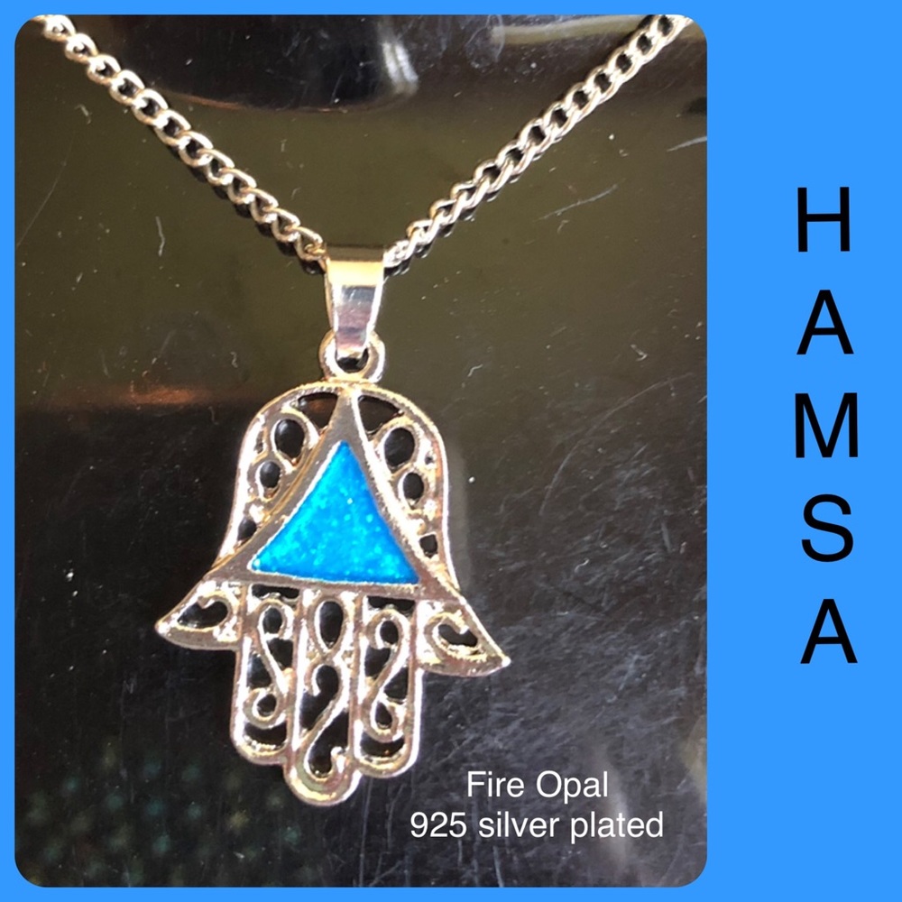 🧿BUY1•GET1•FREE🧿Blue Fire Opal Hamsa Hand Silver